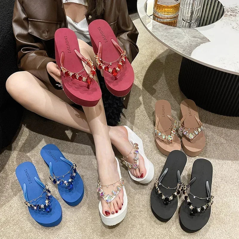 Flip Flops Women New High Heeled Slippers Women Diamond Slope Heel Slippers Elegant Fashion Beach Sandals Womens Sexy Shoes