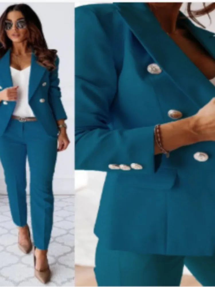 Fashion Double-breasted Long-sleeved Suit Set Women New Autumn Winter Slim Fitting Small Leg Long Pants Female Office 2piece Set