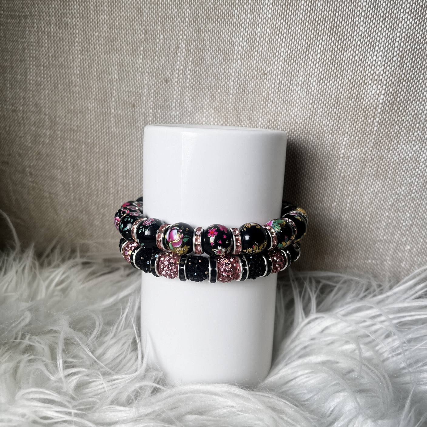 Black floral painted and rose gold glitter pave bracelet set - side view