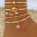 6pcs/set Fashion Stackable Starfish Shell Pendant Beads Anklets Set For Women Beach Jewelry Accessories