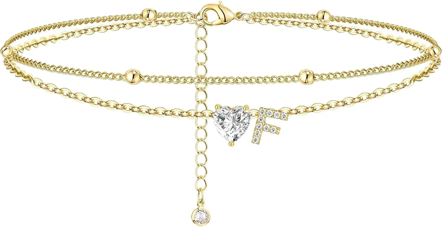 Ankle Bracelets for Women Waterproof 14K Gold Plated CZ Initial Dainty Layered Heart Anklets Foot Chain Summer Beach Jewelry