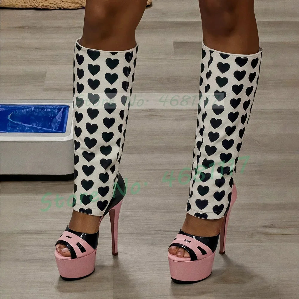 Black Heart Print Platform Sandal Boots Women Trendy Sexy Mixed Color Cut Out Boots Female Open Toe Pink High Heels Long Shoes