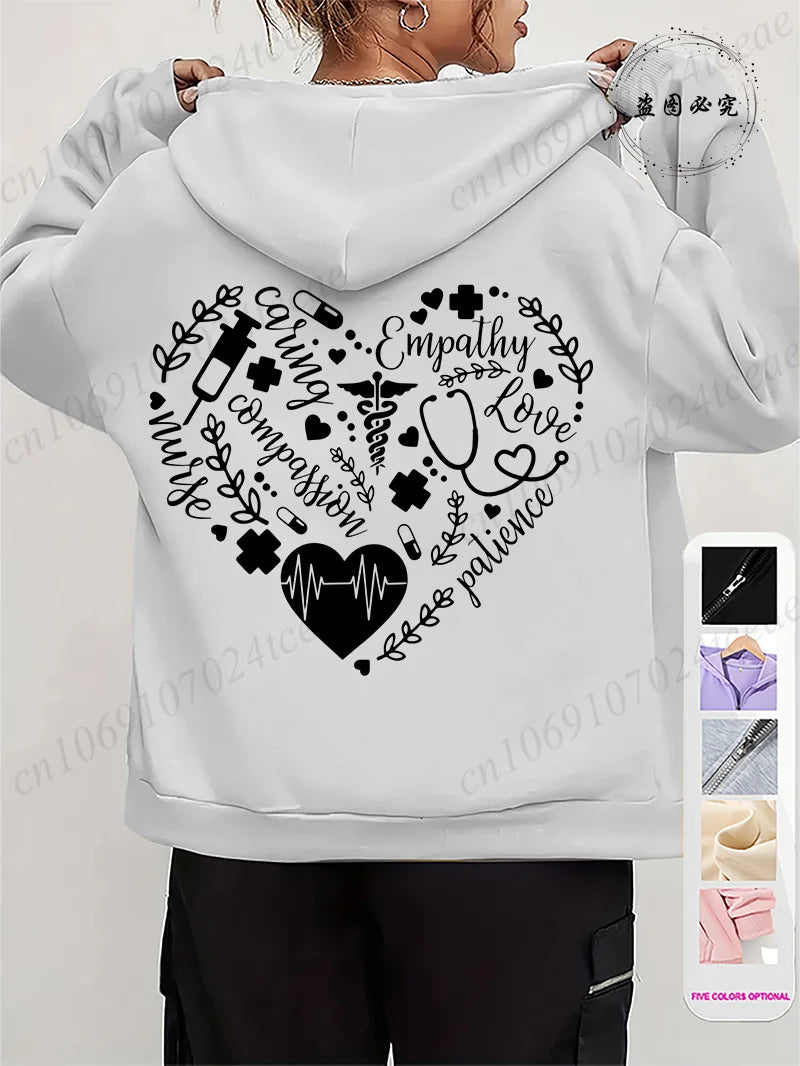 Women Leopard Nurse Life Print Hoodie Long Sleeve Casual Zipper Hoodie Nursing Fall Winter Jacket Coat Emergency Nurse Hoodies