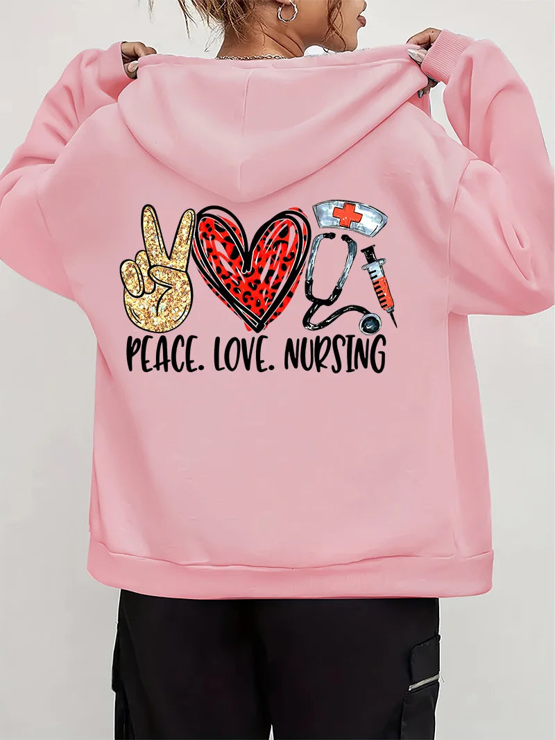 Women Leopard Nurse Life Print Hoodie Long Sleeve Casual Zipper Hoodie Nursing Fall Winter Jacket Coat Emergency Nurse Hoodies