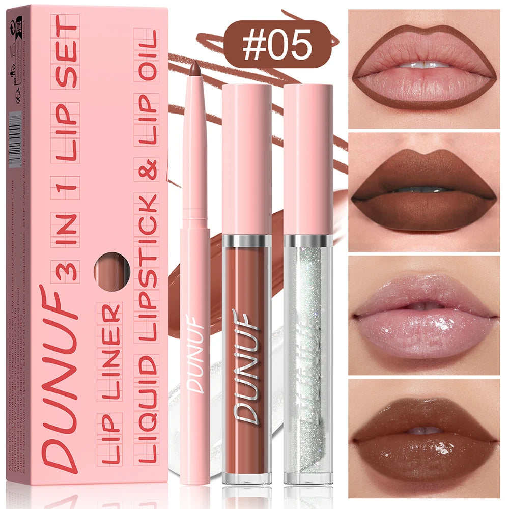 Matte Lip Liner Lip Gloss Lip Oil Set, 3-in-1 Waterproof Non-sticky Long-Lasting Lipstick, Nude Deep Red Mauve, Christmas Makeup