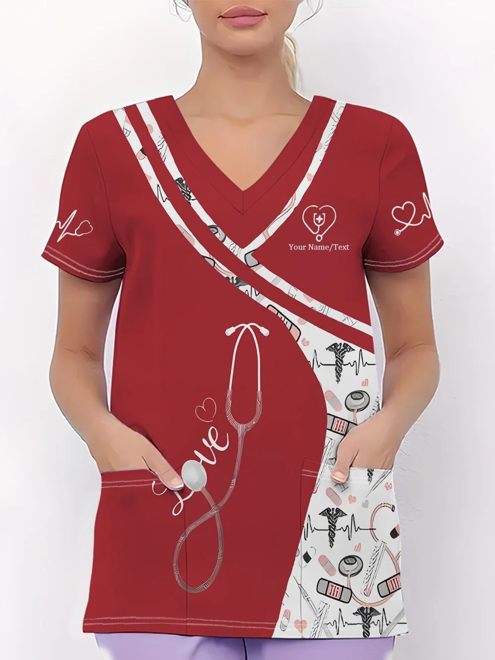 Clinical Uniform Woman Stethoscope Print V-Neck Short Sleeve Nurse Uniform Tops Fashion with Pocket Dentist Nurse Uniform Woman
