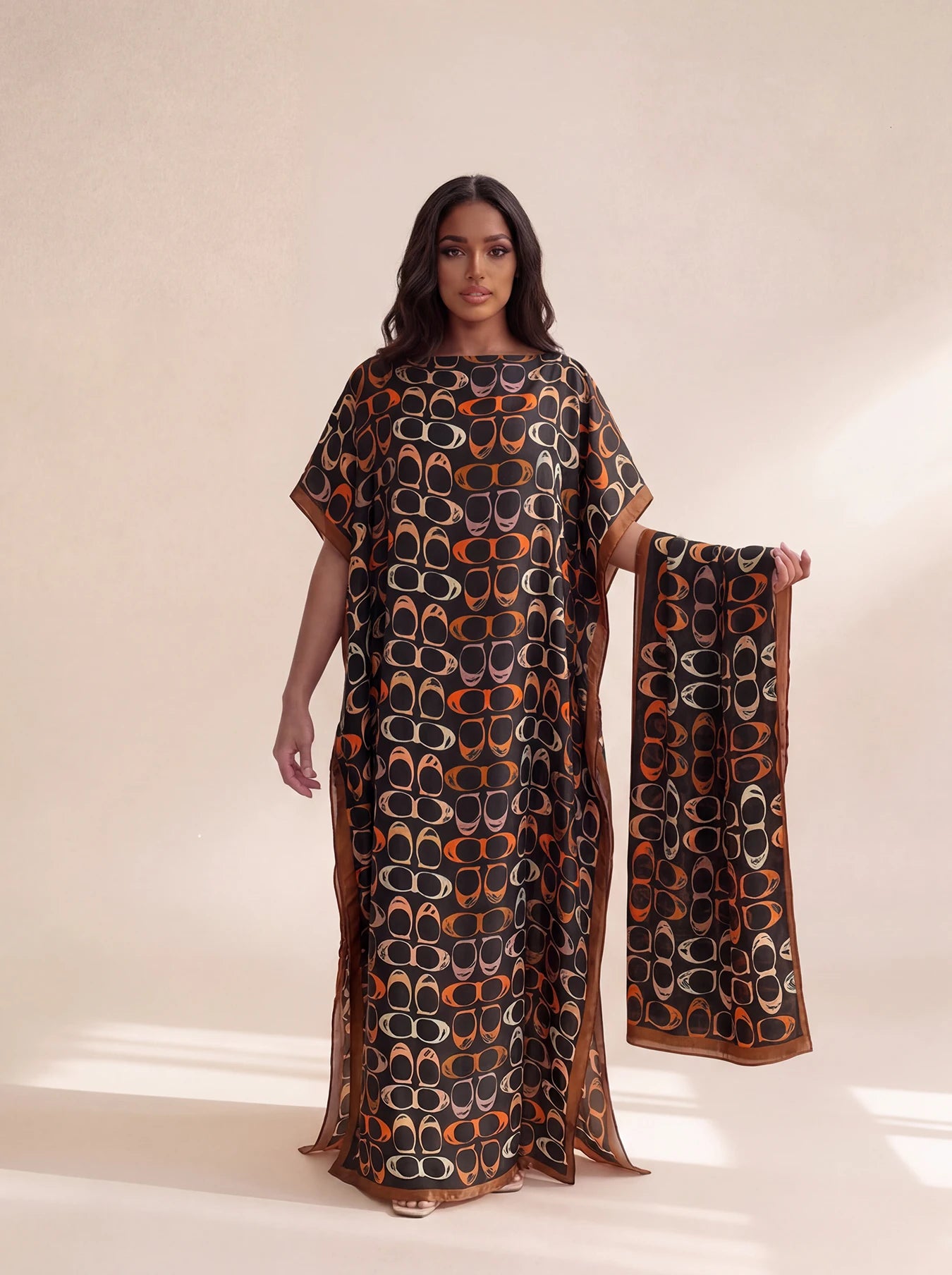 New Style Long Loose Silk Blend Beach Cover up Dress Middle East Pattern Printed Elegant Long Robe Dress for Women