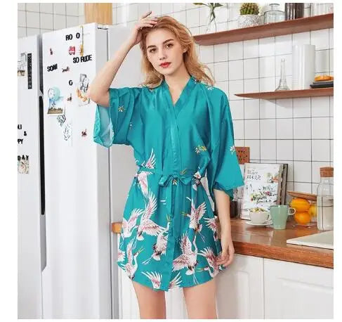 Fashion Women's Summer Mini Kimono Robe Lady Rayon Bath Gown Yukata Nightgown Sleepwear Sleepshirts Pijama Mujer Size M-XXL