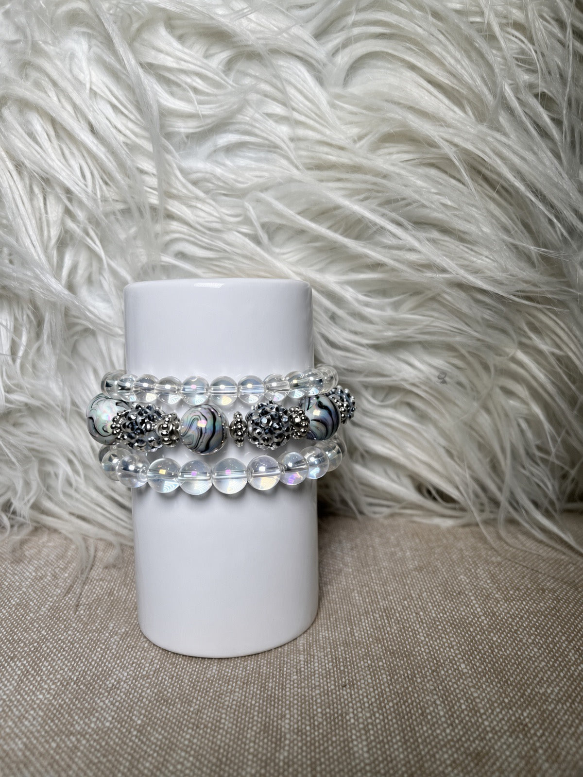 Clear crystal and silver marbled bead bracelet set - front view