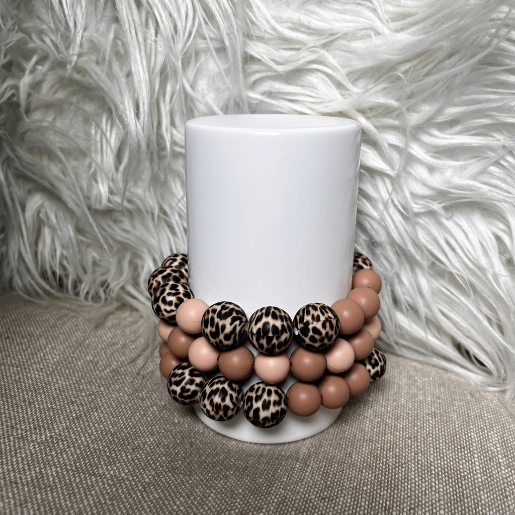Leopard print and nude bead bracelet set - close up view