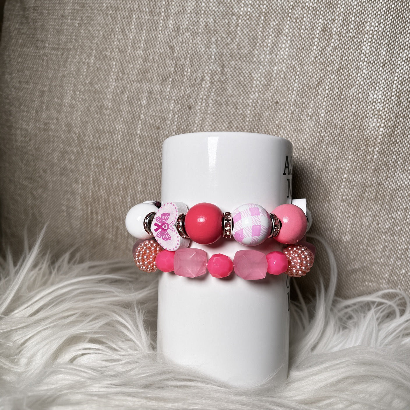 Pink butterfly ribbon awareness bracelet set - front view