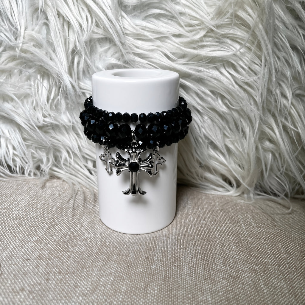 Black crystal cross charm bracelet set - front view