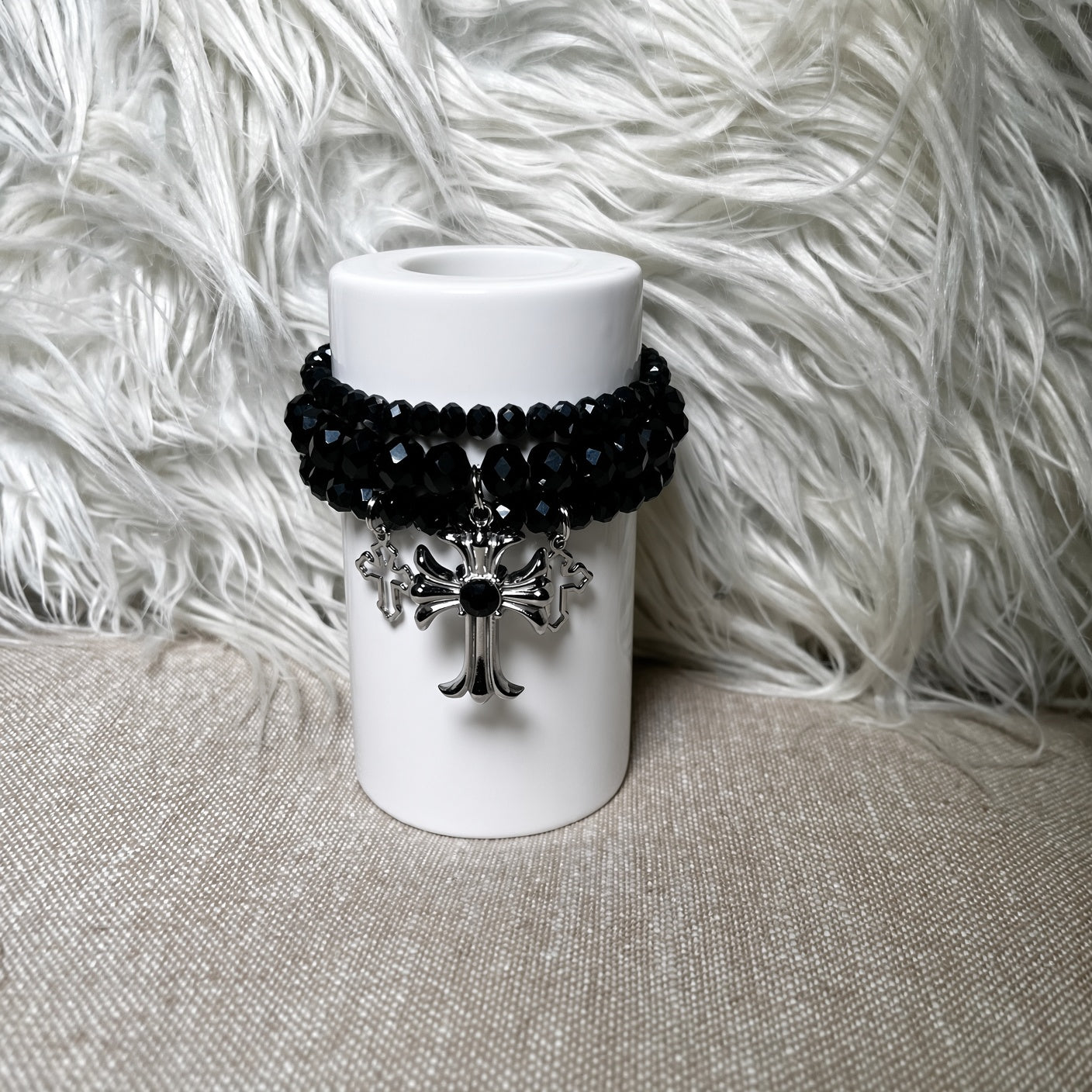 Black crystal cross charm bracelet set - front view