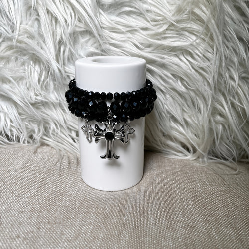 Black crystal cross charm bracelet set - front view