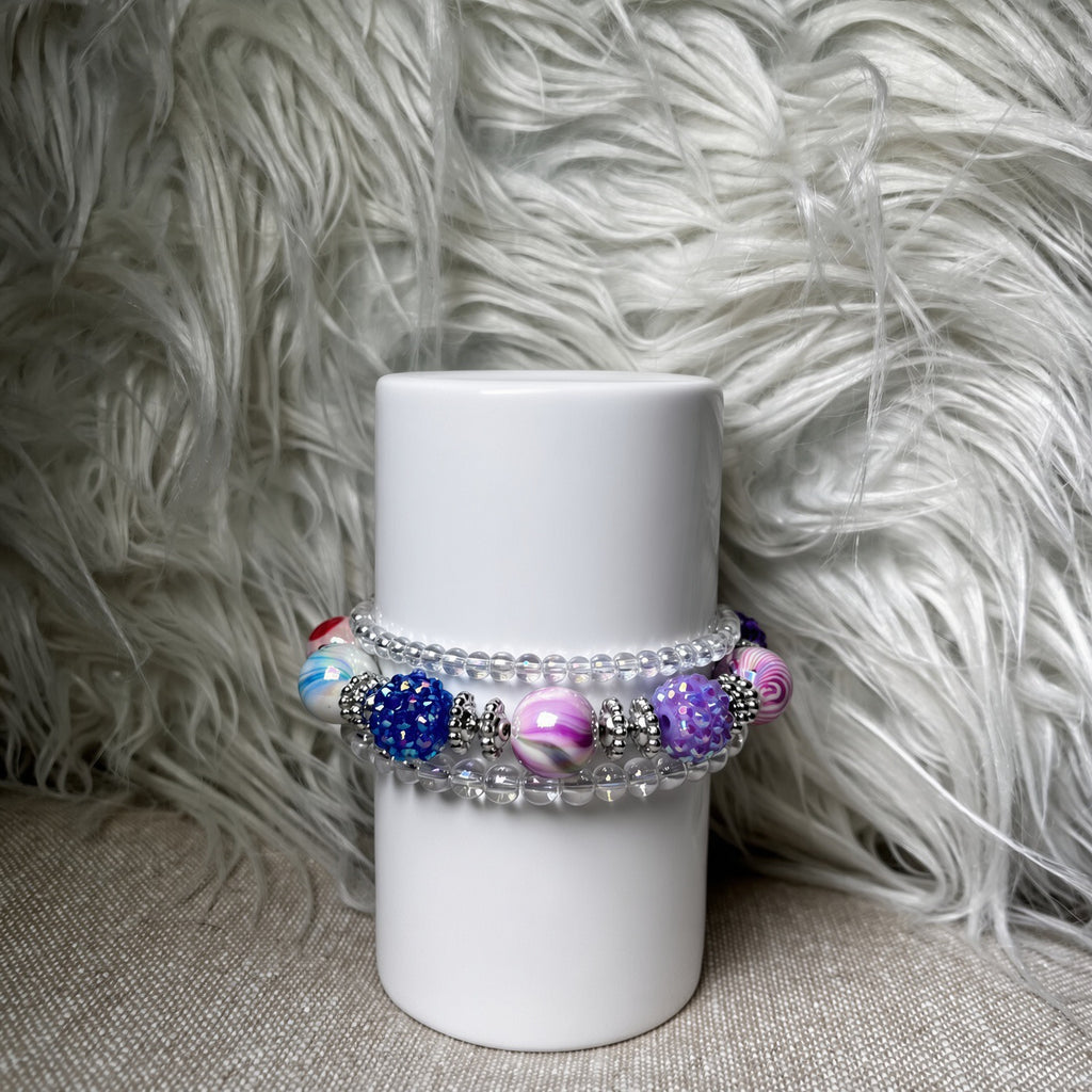 Purple and blue crystal bead bracelet set - side view