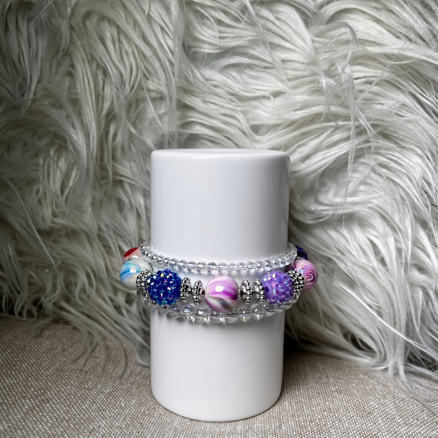 Purple and blue crystal bead bracelet set - side view