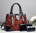Leopard print top-handle handbag with matching black wallet and card case