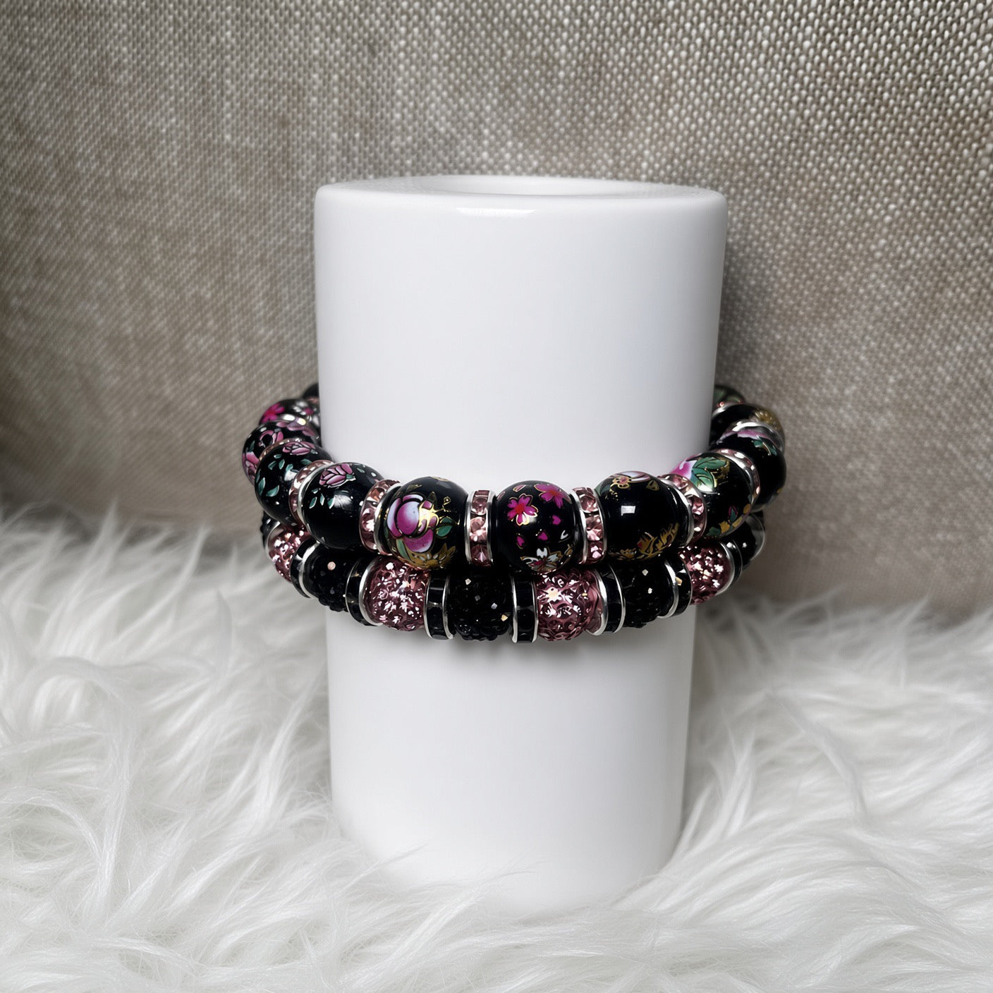 Black floral painted and rose gold glitter pave bracelet set - front view