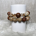 Mixed leopard print chunky bead and champagne crystal bracelet set - front view