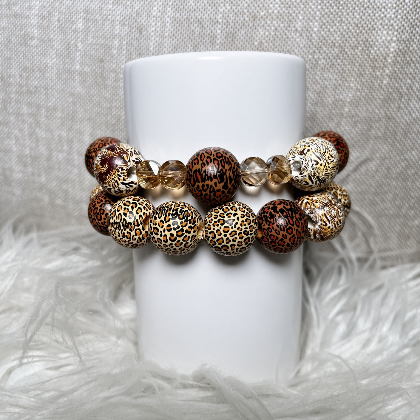 Mixed leopard print chunky bead and champagne crystal bracelet set - front view