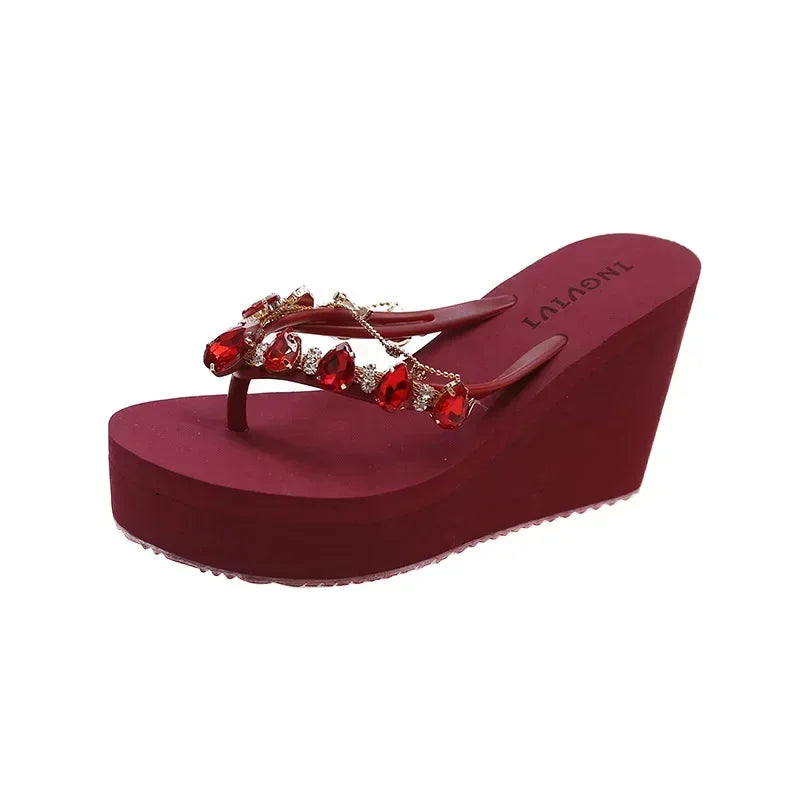 Flip Flops Women New High Heeled Slippers Women Diamond Slope Heel Slippers Elegant Fashion Beach Sandals Womens Sexy Shoes