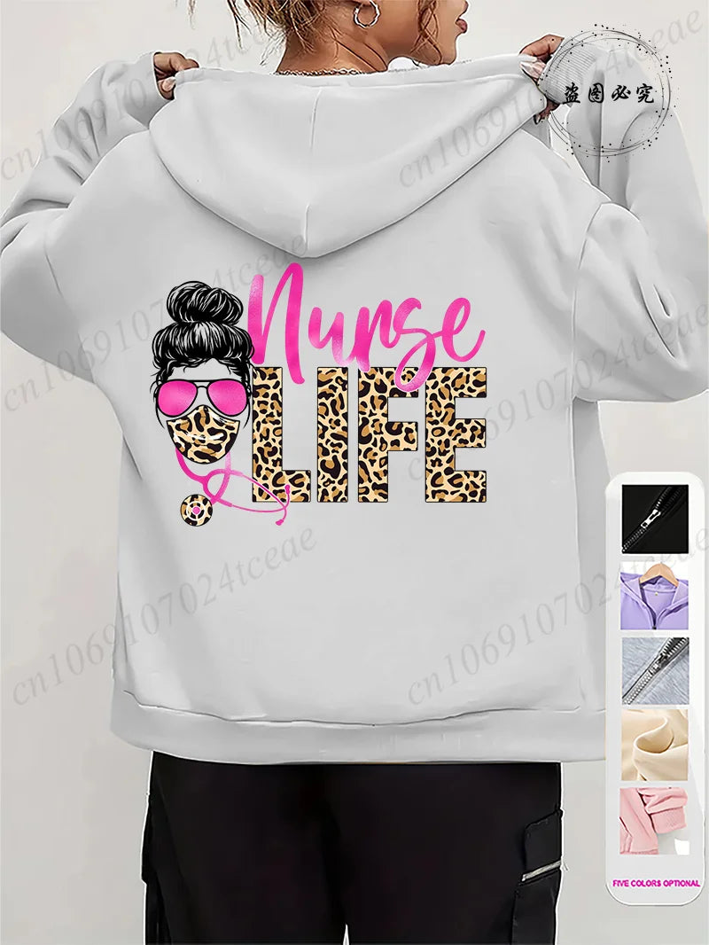 Women Leopard Nurse Life Print Hoodie Long Sleeve Casual Zipper Hoodie Nursing Fall Winter Jacket Coat Emergency Nurse Hoodies