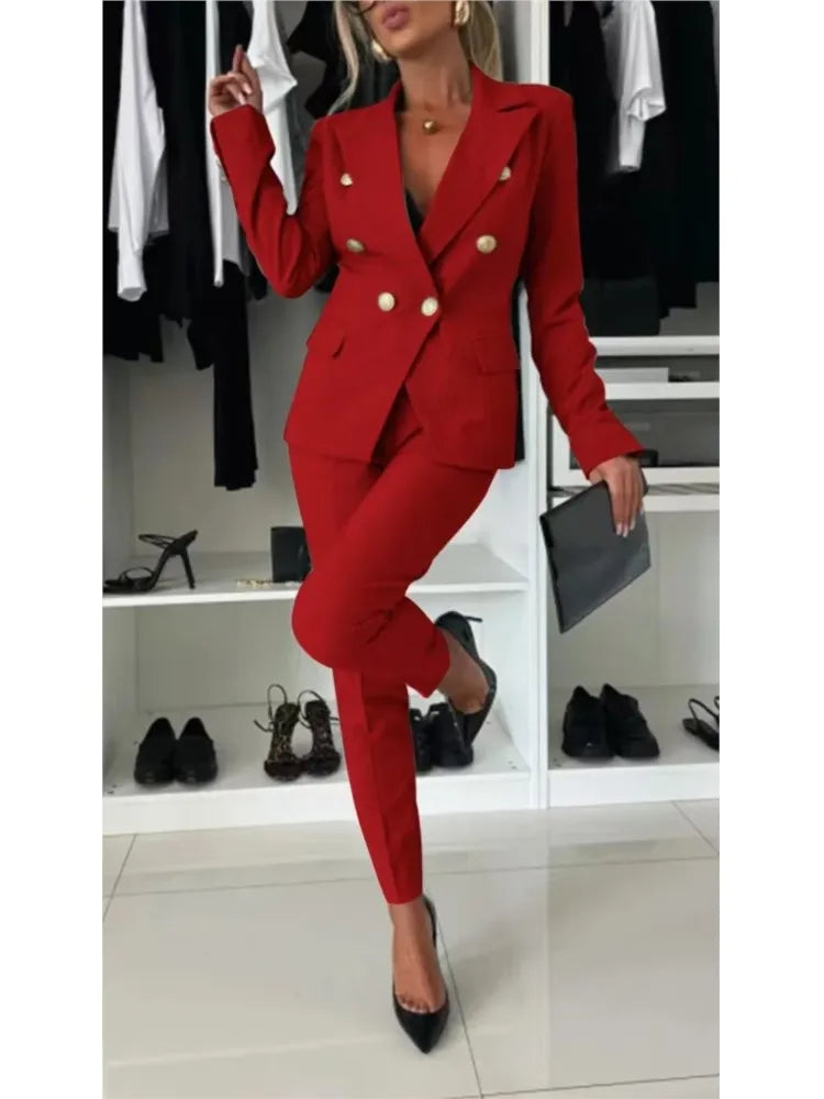 Fashion Double-breasted Long-sleeved Suit Set Women New Autumn Winter Slim Fitting Small Leg Long Pants Female Office 2piece Set