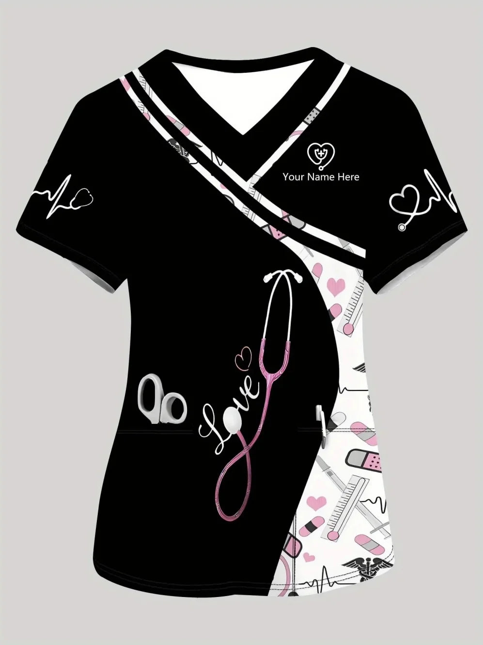 Clinical Uniform Woman Stethoscope Print V-Neck Short Sleeve Nurse Uniform Tops Fashion with Pocket Dentist Nurse Uniform Woman