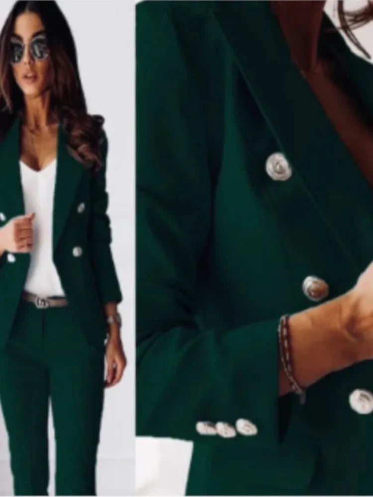 Fashion Double-breasted Long-sleeved Suit Set Women New Autumn Winter Slim Fitting Small Leg Long Pants Female Office 2piece Set