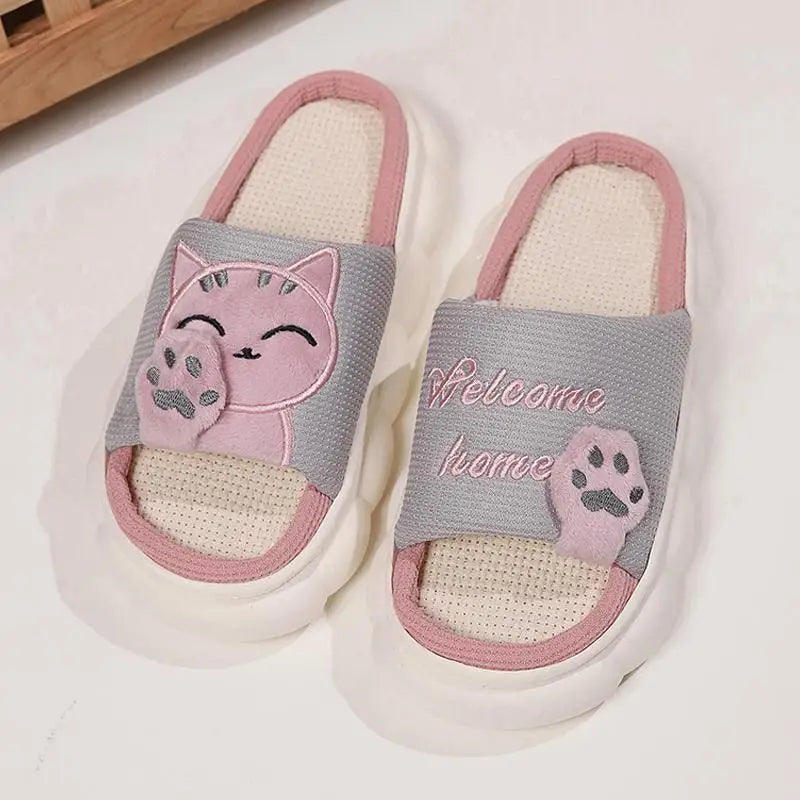 Linen Casual Slippers Women House Platform Cute Cartoon Cat Designer Shoes Girls Flat Fashion Elegant Footwear Indoor Large Size