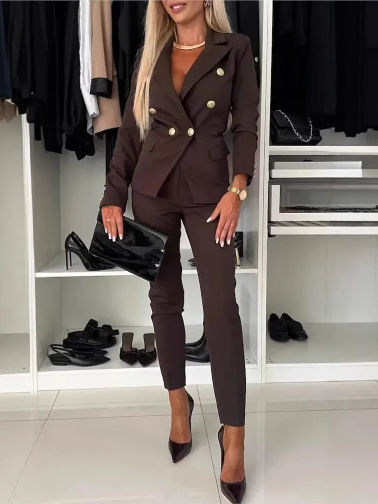 Fashion Double-breasted Long-sleeved Suit Set Women New Autumn Winter Slim Fitting Small Leg Long Pants Female Office 2piece Set