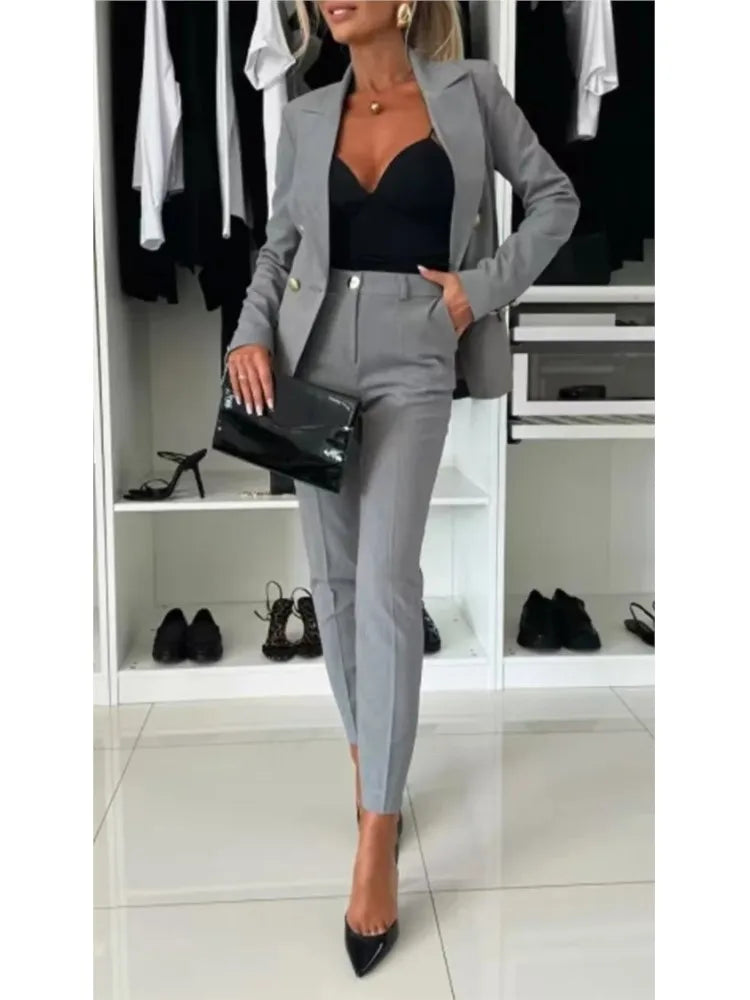 Fashion Double-breasted Long-sleeved Suit Set Women New Autumn Winter Slim Fitting Small Leg Long Pants Female Office 2piece Set