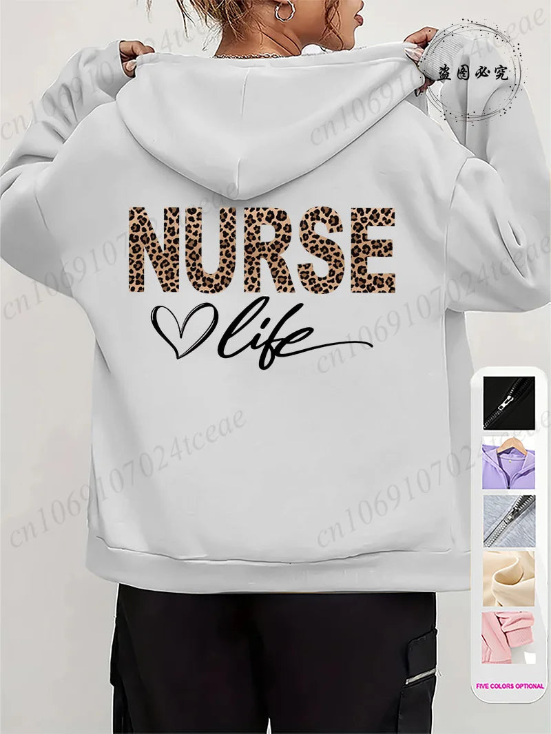 Women Leopard Nurse Life Print Hoodie Long Sleeve Casual Zipper Hoodie Nursing Fall Winter Jacket Coat Emergency Nurse Hoodies