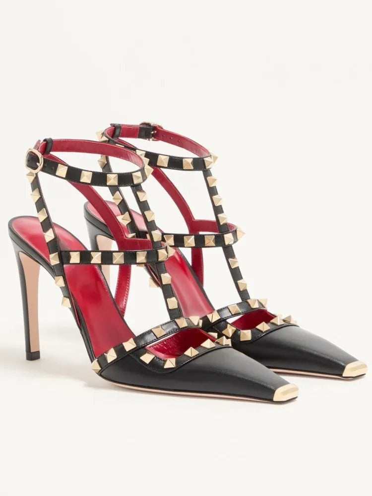 Summer Square Headed Rivet High-heeled Women's Sandals, Fashionable and Sexy Women's Party T-table Women's Plus Size Sandals
