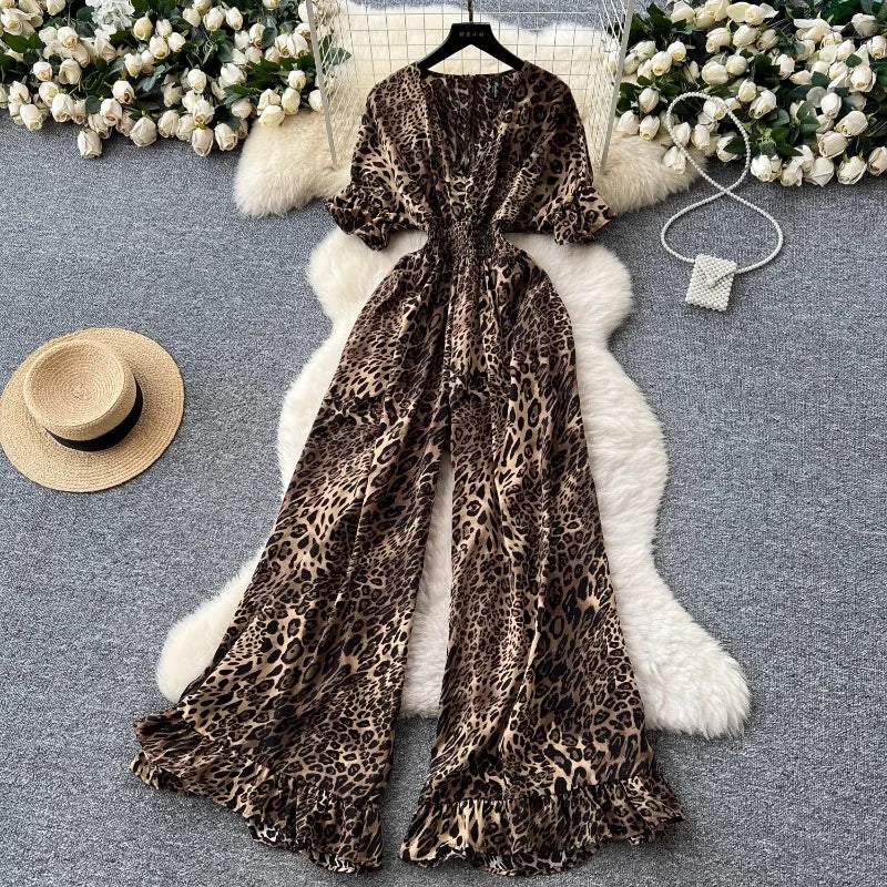 Summer Women's jumpsuit fashion leopard print outfit chic casual V-neck short sleeve elastic high waist slim wide leg jumpsuit