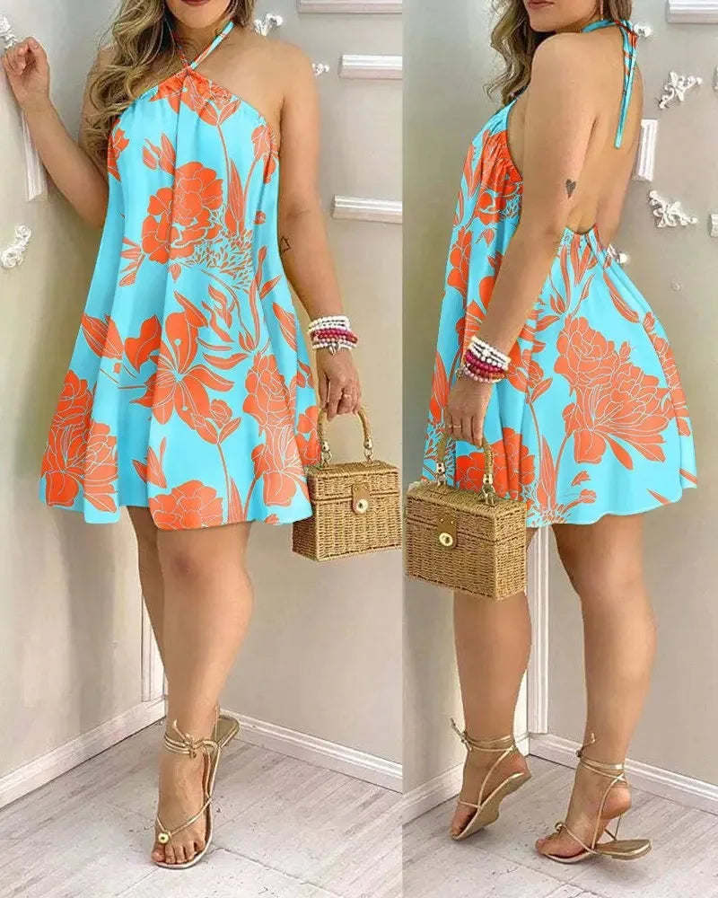 Women's 2026 Tropical Leaf Print Halter Neck Mini Dress Sleeveless Backless A-Line Summer Beach Sundress Casual