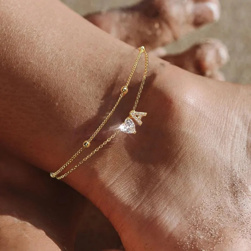Ankle Bracelets for Women Waterproof 14K Gold Plated CZ Initial Dainty Layered Heart Anklets Foot Chain Summer Beach Jewelry