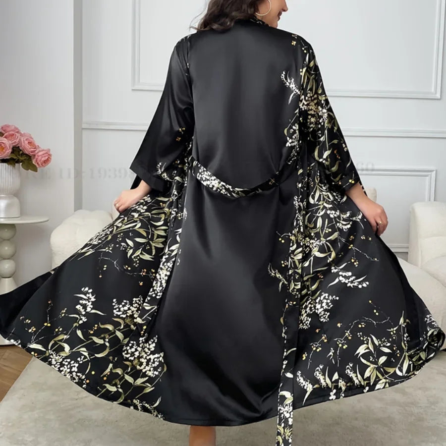 Plus Size 3XL 4XL 5XL Women's Long Robe Nightgown Print Cherry Kimono Bathrobe Gown Spring Summer New Satin Sleepwear HomeWear