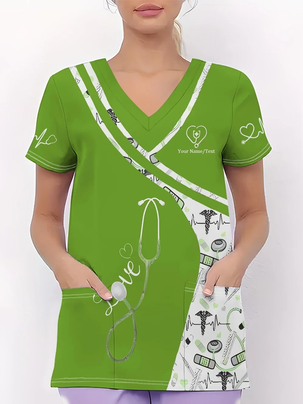 Clinical Uniform Woman Stethoscope Print V-Neck Short Sleeve Nurse Uniform Tops Fashion with Pocket Dentist Nurse Uniform Woman