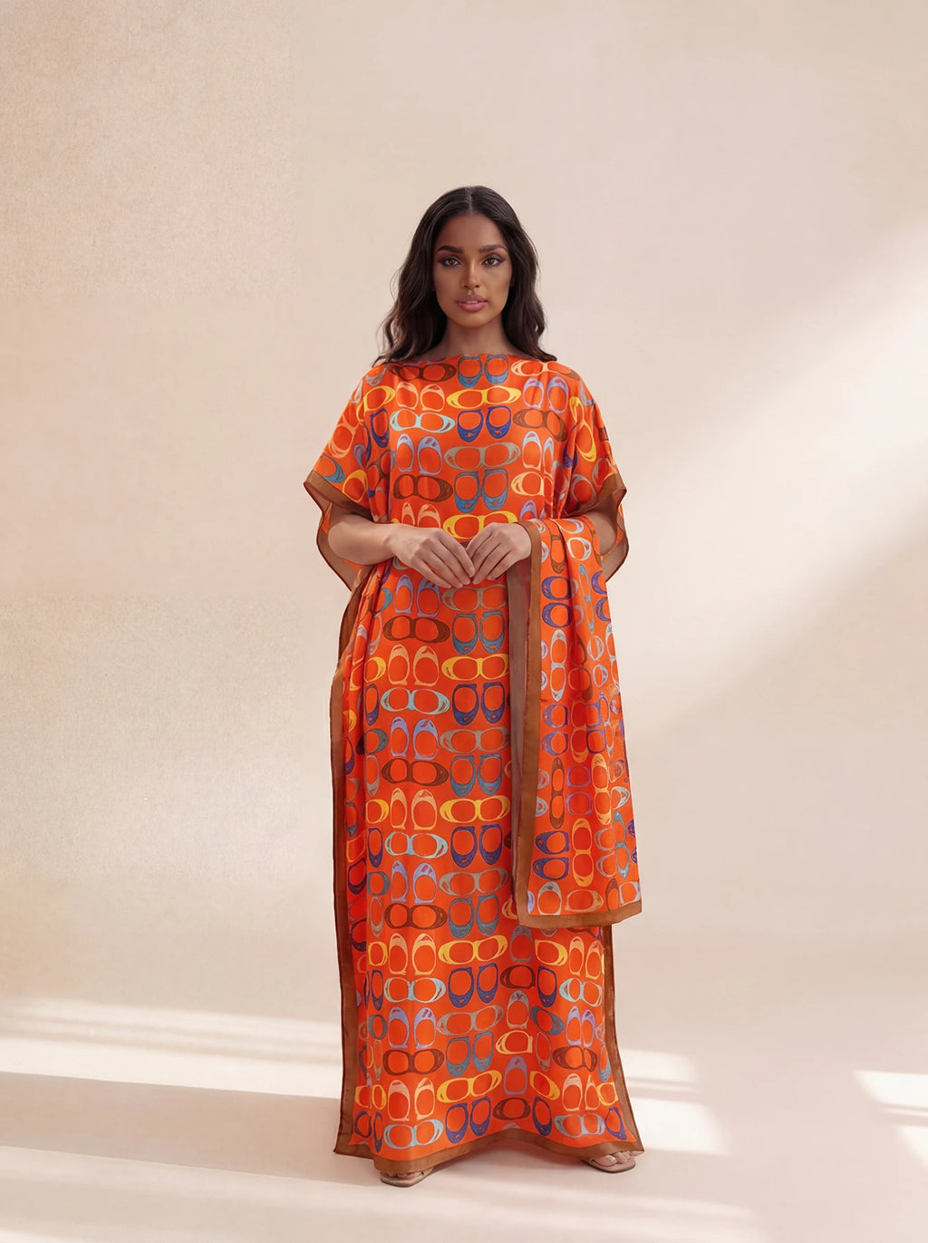 New Style Long Loose Silk Blend Beach Cover up Dress Middle East Pattern Printed Elegant Long Robe Dress for Women