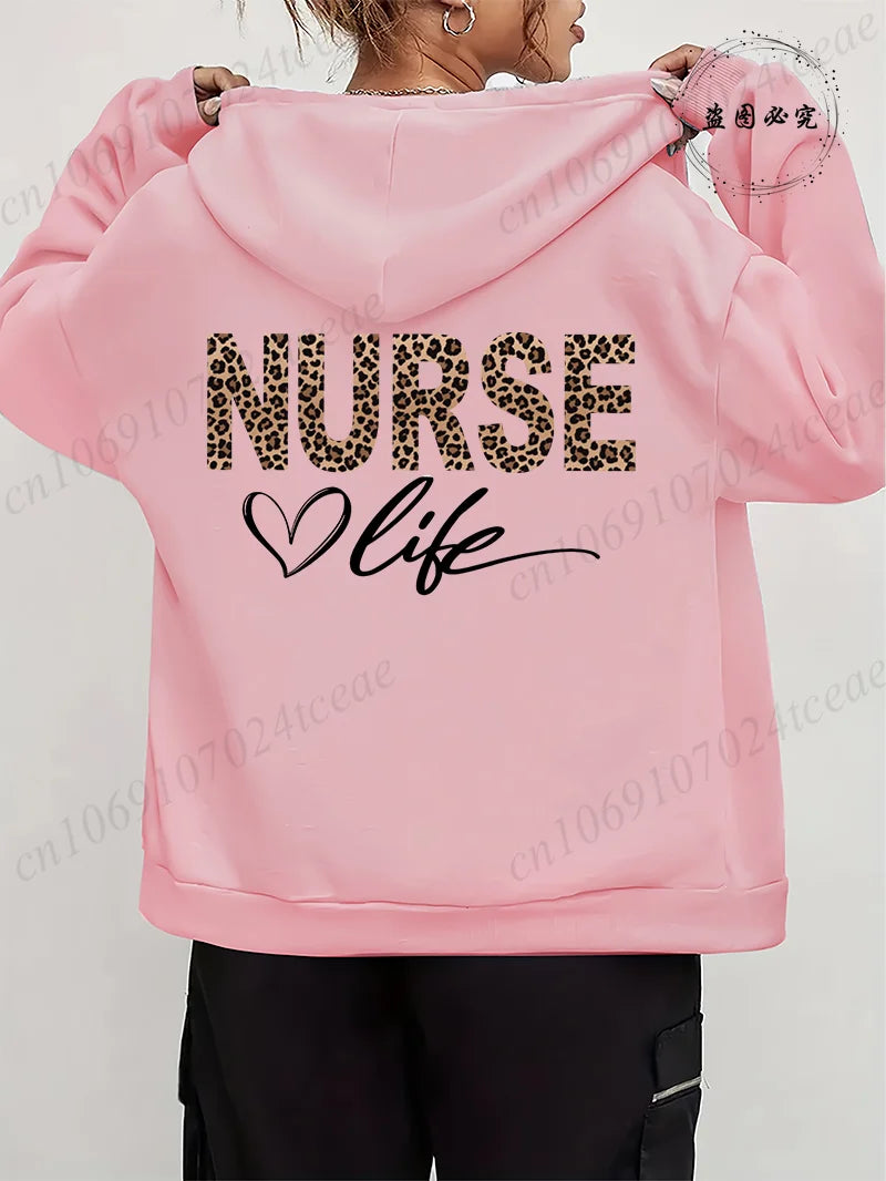 Women Leopard Nurse Life Print Hoodie Long Sleeve Casual Zipper Hoodie Nursing Fall Winter Jacket Coat Emergency Nurse Hoodies