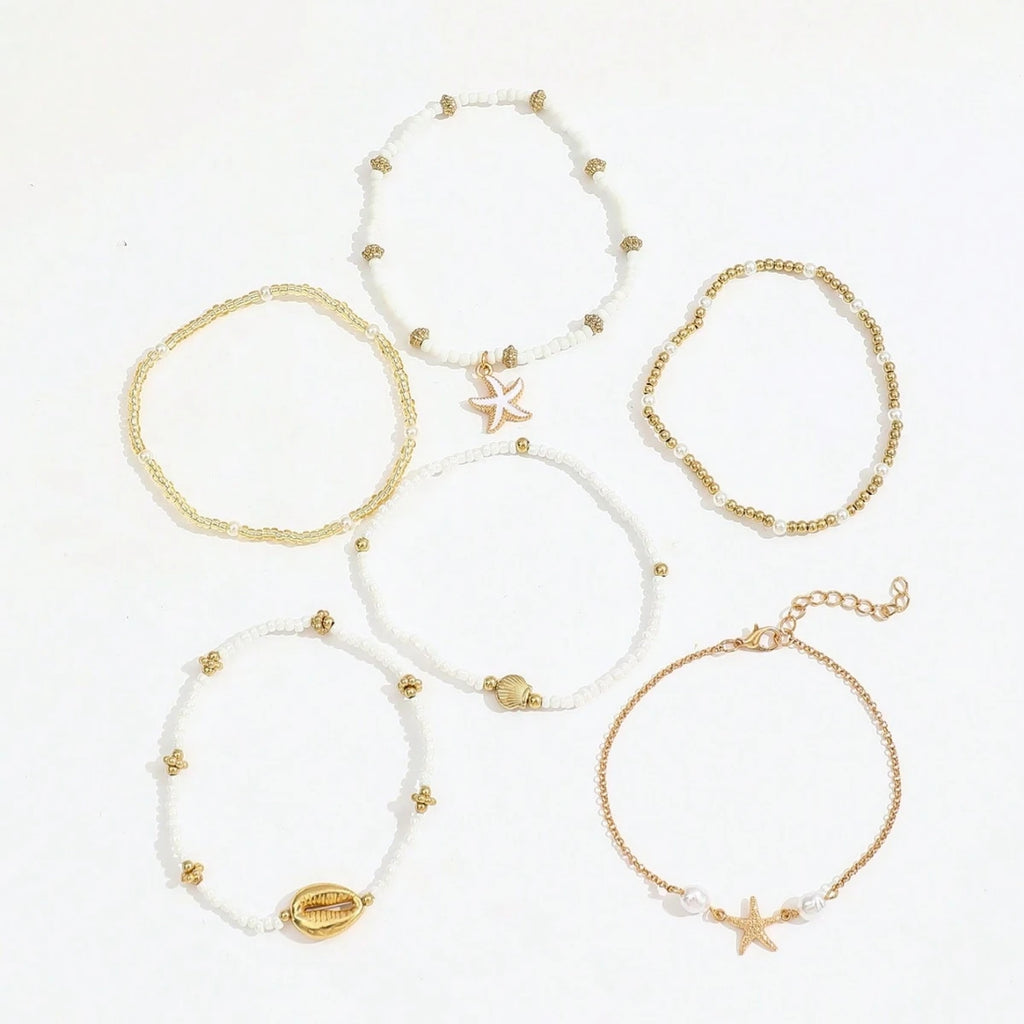 6pcs/set Fashion Stackable Starfish Shell Pendant Beads Anklets Set For Women Beach Jewelry Accessories