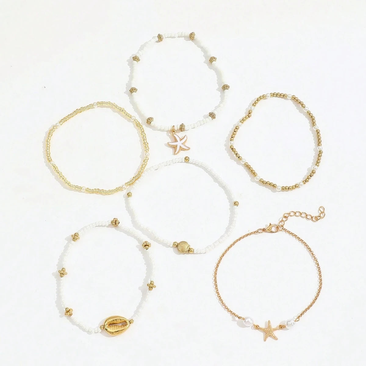 6pcs/set Fashion Stackable Starfish Shell Pendant Beads Anklets Set For Women Beach Jewelry Accessories