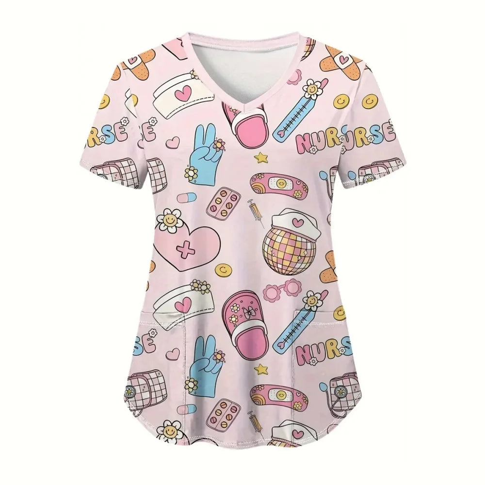 Clinical Uniform Woman Designer Cartoon Printing V-Neck Dental Scrubs Woman Summer Short Sleeves with Pockets Surgical Uniforms