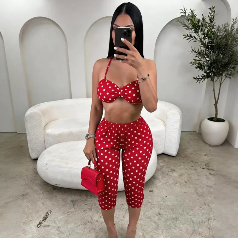 Fashion Print Woman 2 Piece Set Outfits Spaghetti Strap Sleeveless Backless Crop Top+Capris Pants 2026 New Female Streetwear