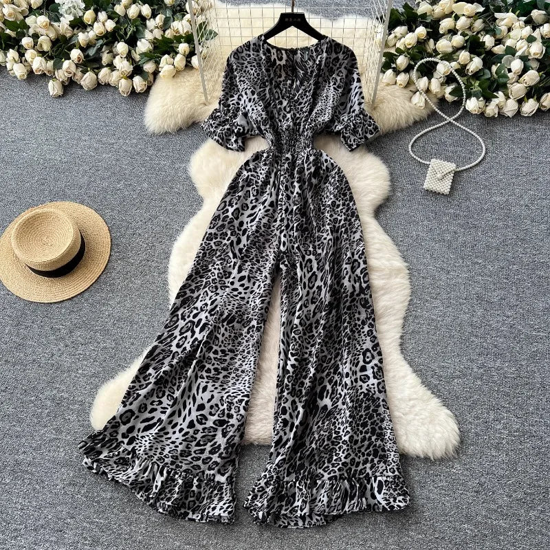 Summer Women's jumpsuit fashion leopard print outfit chic casual V-neck short sleeve elastic high waist slim wide leg jumpsuit