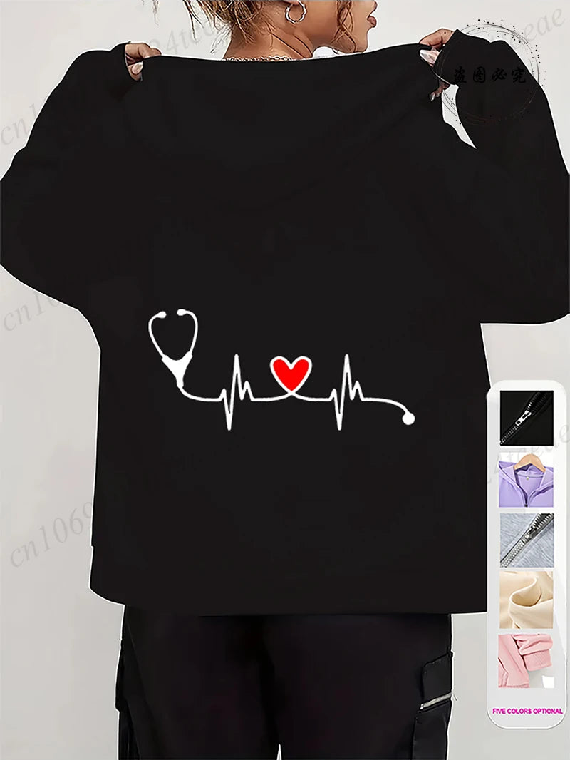 Zip Up Hoodies for Women Oversized Nurse Life Printed Hoodies Women Men Zipper Sweatshirts Autumn Winter Fleece Zip Jacket Coat