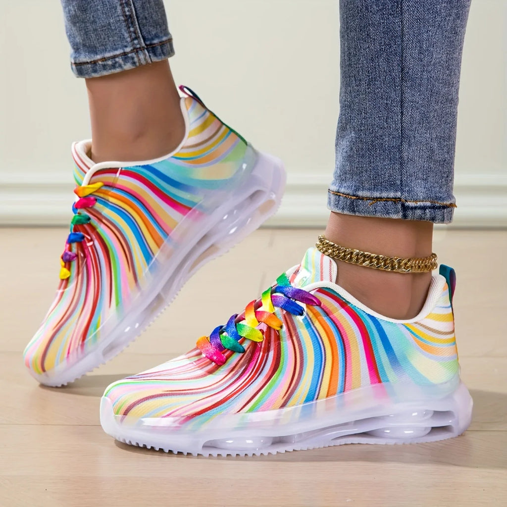 Women's Rainbow Stripe Casual Sports Shoes Summer Mesh Fashion Flat Beach and Leisure Holiday Lace-up Running Shoes for Ladies