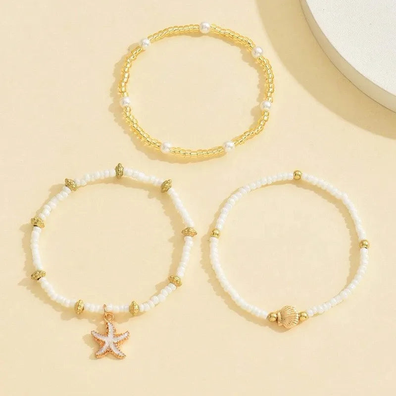 Summer Bohemian Style Starfish Shell Millet Bead Ankle Chain Three-Layer Set Beachy Elegant Foot Jewelry Accessory