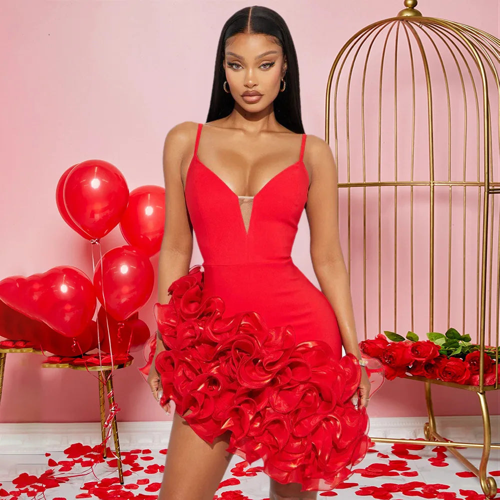 Ruffles Sleeveless Bodycon Mini Pleated Dress Women Party Elegant Short Evening Dresses Lady Luxury Sexy Birthday Red Prom Dress